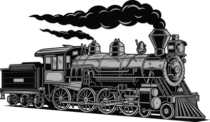 Vintage steam locomotive train with smoke, detailed black and white classic railway engine illustration isolated on white background transportation concept artwork © Tanzila