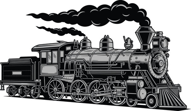 Vintage steam locomotive train with smoke, detailed black and white classic railway engine illustration isolated on white background transportation concept artwork