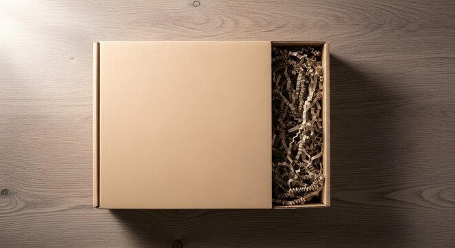 Blank Kraft Shipping Box with Recycled Paper Filler &ndash; Eco Friendly E Commerce Packaging Concept in 4K