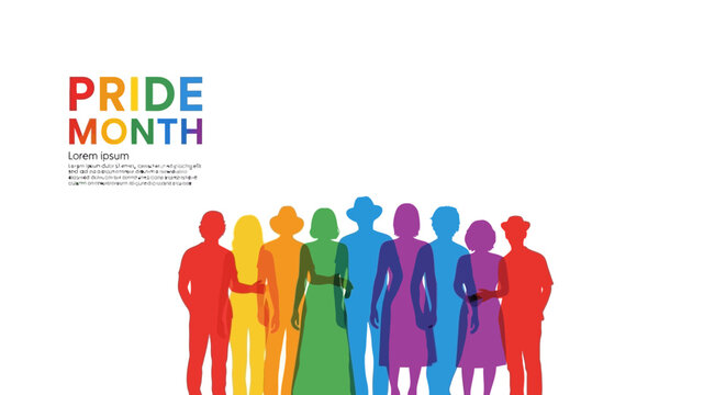 Pride Month Celebration with Diverse Rainbow Silhouettes: LGBTQ+ Community, Unity, and Equality. Vector illustration for Human Rights and Inclusion.