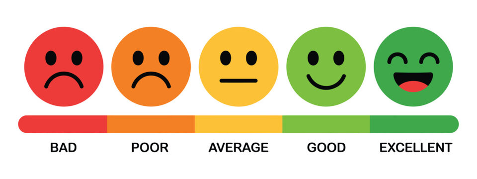 Feedback rating emoji icons set with progress bar showing bad poor average good and excellent ratings isolated vector illustration