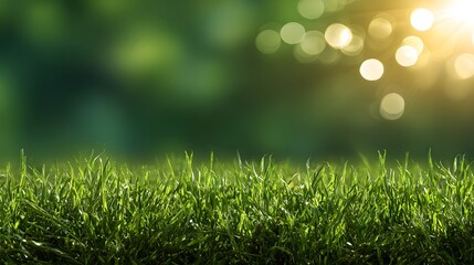 Obraz premium Lush Meadow Under Sunlight: A vibrant expanse of fresh green grass, bathed in the soft glow of sunlight, creates a sense of peace and natural beauty, inviting contemplation and calm.