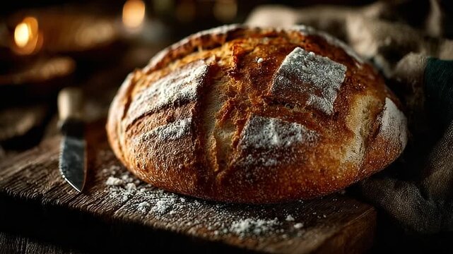 Freshly baked artisan bread on rustic wooden table