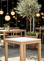 Obraz premium Modern Outdoor Cafe Table with Wooden Furniture and Potted Olive Tree