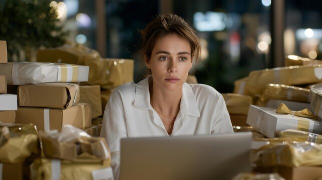 Woman obsessively online shopping on multiple devices surrounded by unopened delivery packages, ideal for greed and gluttony sin concept, excessive consumerism, digital addiction, modern society