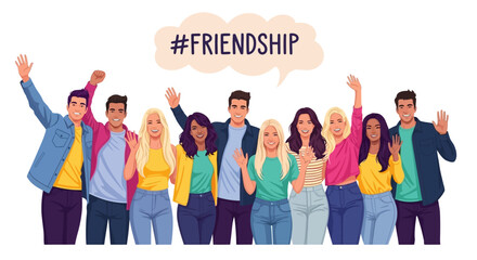 Obraz premium Diverse Group of Happy Young Friends Waving with #FRIENDSHIP Speech Bubble