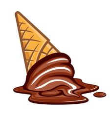 simple cartoon soft serve chocolate ice cream in waffle cone dropped on ground and melting isolated on transparent background vector