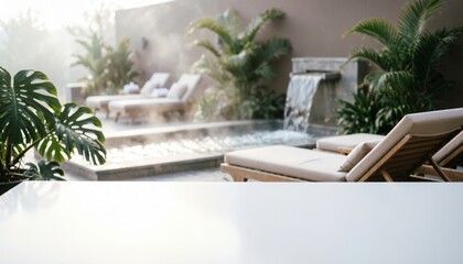 Naklejka premium Luxurious Outdoor Spa Area with Lounge Chairs and Tropical Plants