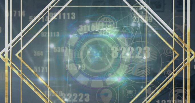 Animation of golden frame over glowing network of connections, round scanner and changing numbers