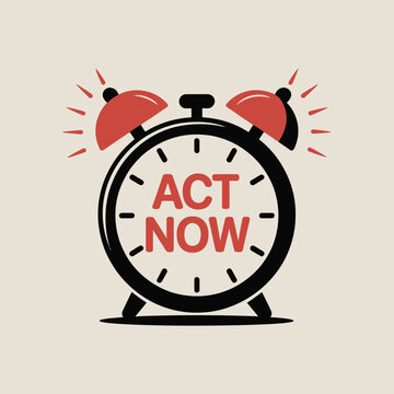 Alarm clock retro style with red ringing bells and act now text on face symbolizing urgency and immediate action concept illustration