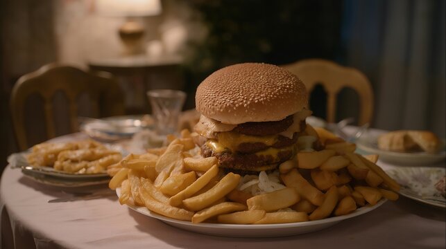 Overloaded dinner table with excessive food portions and empty chairs in a dark dining room, ideal for gluttony concept, excess consumption, food waste awareness, symbolic sin theme, modern