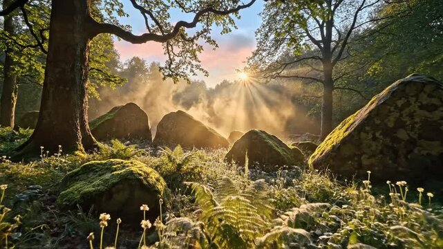 A serene forest glade at dawn with sunrays piercing through trees over ferns and mossy rocks