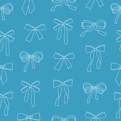 Obraz premium Seamless pattern of hand drawn outline white bows on blue background. Template for greeting card, invitation, poster, banner, wrapping paper.