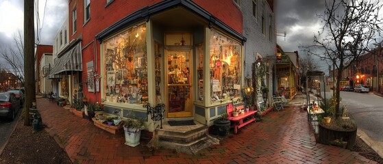 Fototapeta premium Corner shop with large lit windows filled with goods, red brick building, sidewalk, and other buildings along a cloudy street