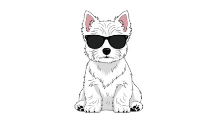 Fototapeta premium West highland white terrier dog looks cool wearing stylish black sunglasses in this simple illustration of a westie on a plain white backdrop.