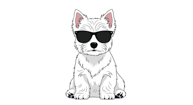 West highland white terrier dog looks cool wearing stylish black sunglasses in this simple illustration of a westie on a plain white backdrop.