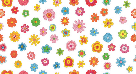 Vibrant seamless floral pattern displays a variety of simple cartoon flowers in many bright colors across a clean and white background design.