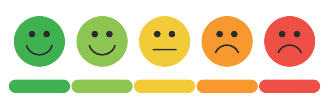 Rating emojis set with colorful emoticons and rating scale showing very happy happy neutral sad and very sad feedback vector illustration