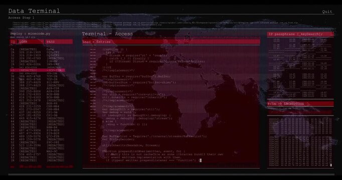 Animation of computer language in terminal interface and map over black background