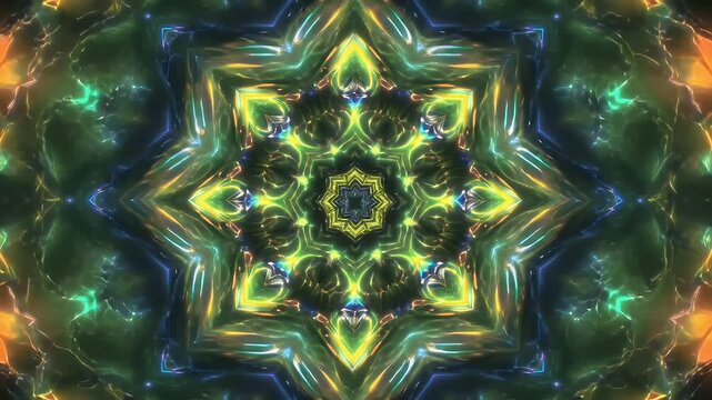 Psychedelic kaleidoscope background with glowing green and gold patterns, abstract liquid motion graphics, trippy symmetrical visual loop for music videos