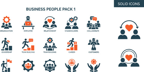 Obraz premium Two-tone solid business people icons for organization relationship stakeholders leadership and career development presentation concepts