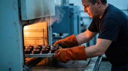 Caucasian male adult wearing safety gloves handling industrial oven for high-temperature metalwork processing