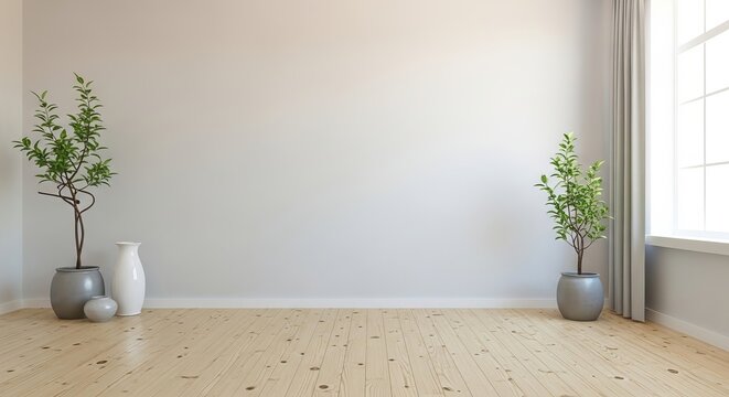 Minimalist interior design featuring two potted green plants flanking a plain white wall backdrop