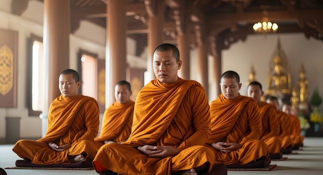Buddhist monks in orange robes meditating in a temple during Ves