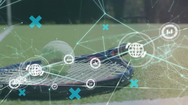 Animation of global data network and data over sunset sky and tennis ball and racket on grass