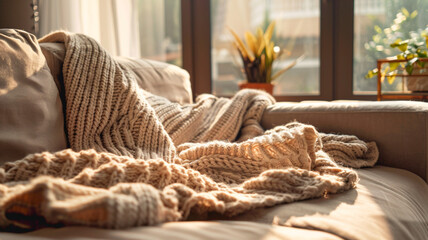 Warm beige knitted throw blanket draped over a cozy sofa in a sunlit living room, embodying home lifestyle and comfort.