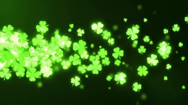 Glowing green shamrocks floating on dark background for St Patrick's Day