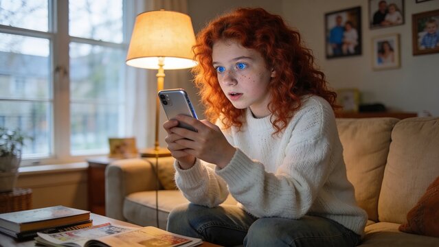 irish teen girl looking at her phone while sitting on couch