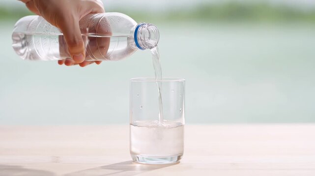 Pouring Fresh Water from Plastic Bottle into Clear Glass on Wooden Table