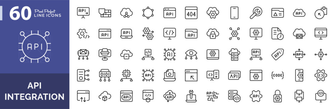 API Integration line icon set. Application programming interface, data exchange, automation, server, cloud sync, developer tools icons vector illustration. Editable pixel-perfect stroke icon