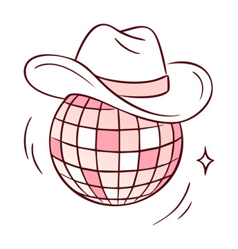 Disco cowgirl hat for ball pink party and vinyl vector club. Bachelorette dance drawn for retro print american and logo mirror groovy. Pink disco celebration for ball day flat and valentines.