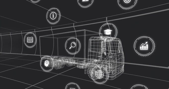 Glowing icons orbiting around stationary 3D wireframe truck after brief pause, showing connectivity
