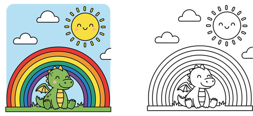 Cute Baby Dragon Sitting Under a Rainbow with Smiling Sun and Clouds - Colored Illustration and Line Art Coloring Page for Kids Education and Creative Activity © MSTA