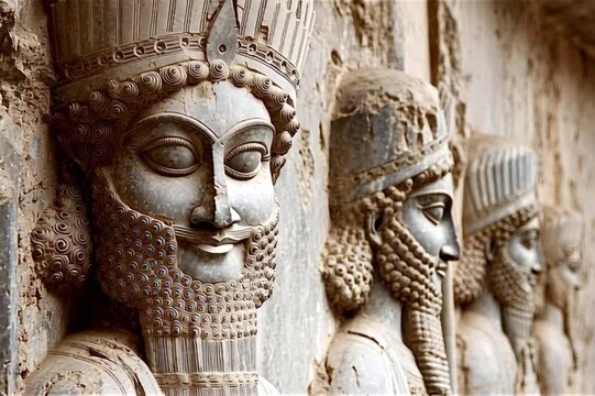 Close up view of a detailed ancient stone relief carving depicting achaemenid soldiers from the apadana staircase in the historical ruins of persepolis, a unesco world heritage site in iran