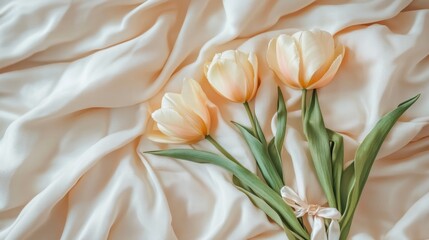 Obraz premium Delicate Tulips with Ribbon on Silken Fabric