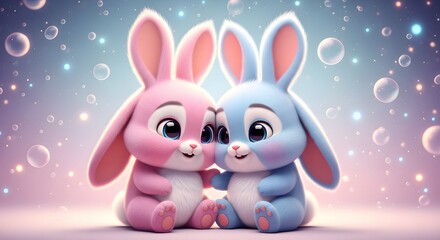 Obraz premium Pair of fluffy pink and blue bunnies in a magical bubble atmosphere. Cute animal characters. Two sweet rabbits smiling at each other in a glowing fantasy landscape with floating bubbles