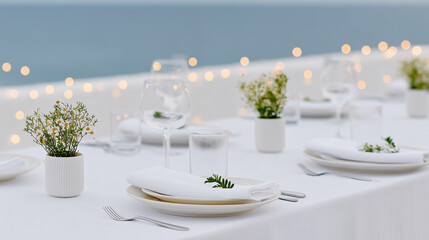 Fototapeta premium White outdoor table setting with string lights and candles — al fresco dining.