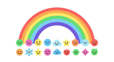 Obraz premium Vibrant rainbow illustration featuring diverse emoticons and symbols in a colorful arrangement viewed from a straightforward perspective