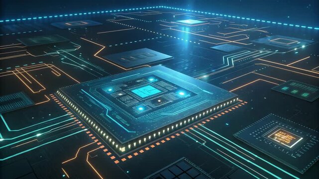 Futuristic Microchip Processor Circuit Board with Blue Glowing Data Streams