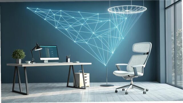 Futuristic Office Hologram Network Data Visualization Glowing Lines