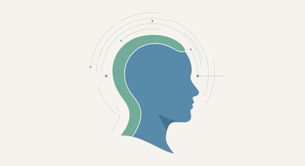 Obraz premium Illustration of a human head in profile with abstract sound waves and dots surrounding it