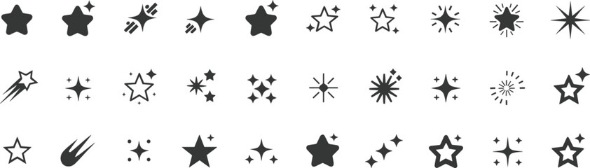 Large collection of black star icons and sparkle silhouettes including twinkling shapes, shining effects, magic glitters, glowing bursts, and night sky symbols on white. © Mahamudul