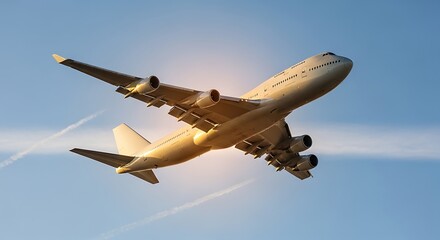 Large White Airplane Flying in Blue Sky with Contrails