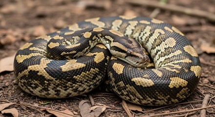 Naklejka premium Coiled Black and Yellow Snake on Forest Floor