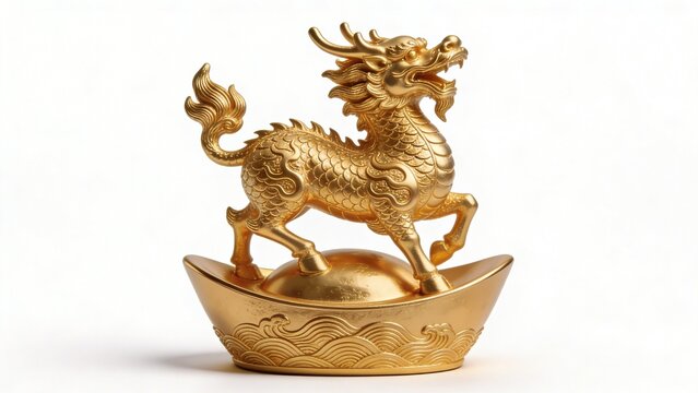 a Golden 麒麟 standing on gold ingot base, white isolated background, embossed wave patterns, elegant composition
