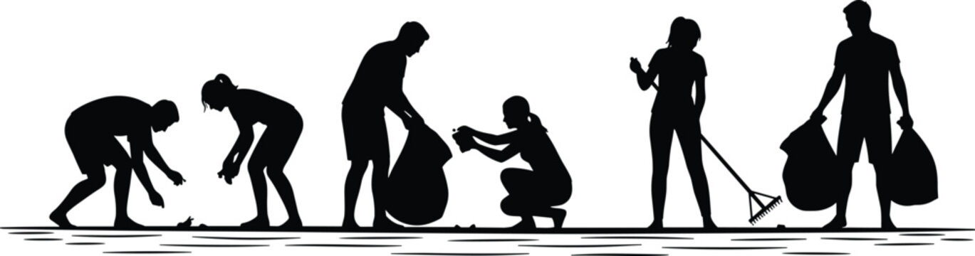 Community volunteers and diverse people silhouettes cleaning up beach and park area by picking up trash into bags for environmental conservation and eco protection